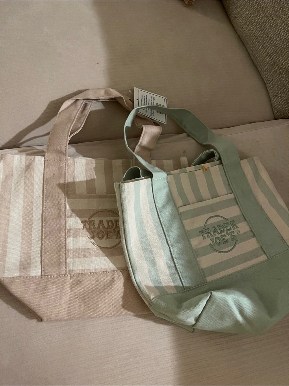 Trader Joe’s Striped Canvas Tote Bags tan and green nwt